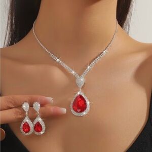 Fashion jewelry-Elegant Silver and Red Teardrop Jewelry Set